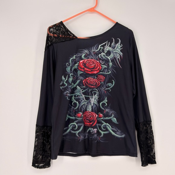 Unbranded Tops - Graphic Top Women Medium Black Lace Dragon Rose Gothic Grunge Emo Whimsigoth Y2K